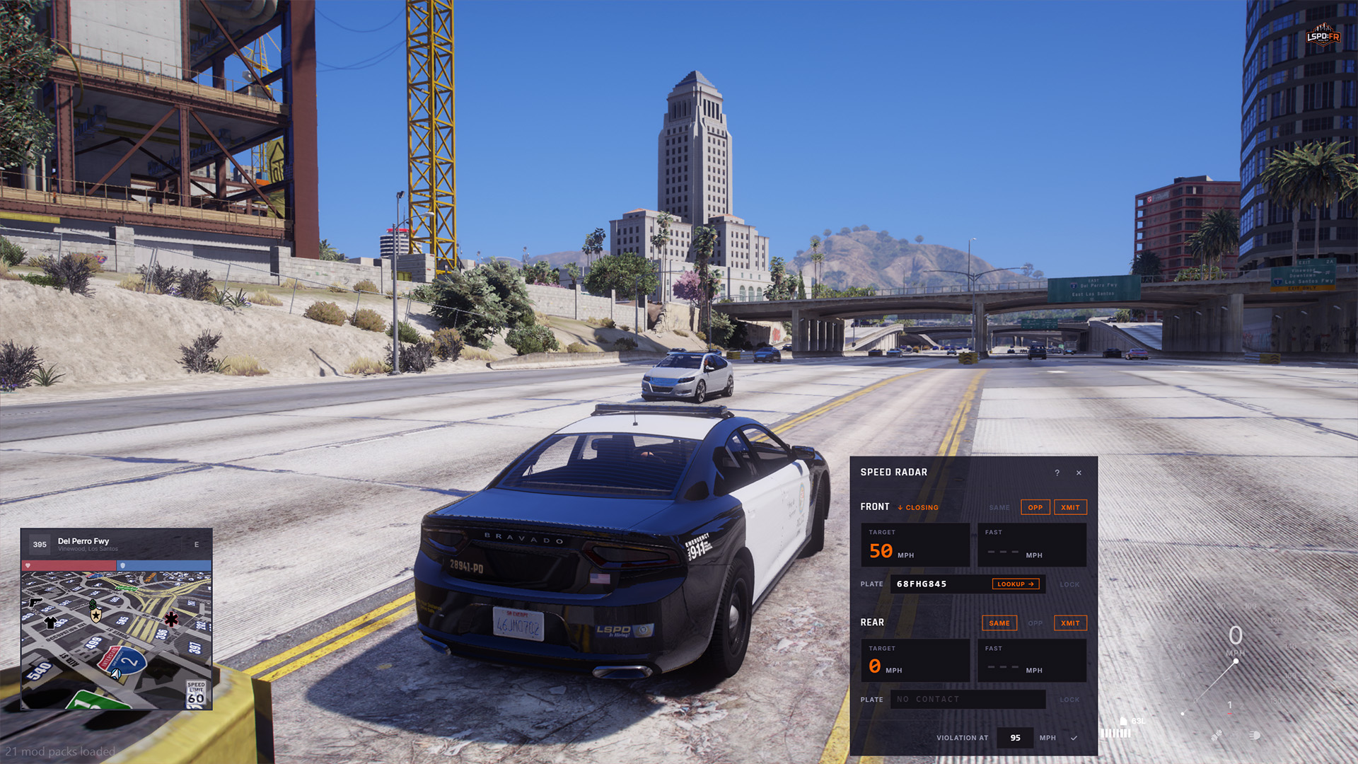 Speed Radar display open beside a patrol vehicle HUD