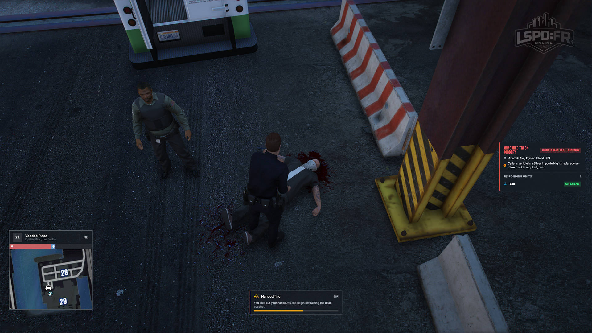An officer handcuffing a deceased suspect