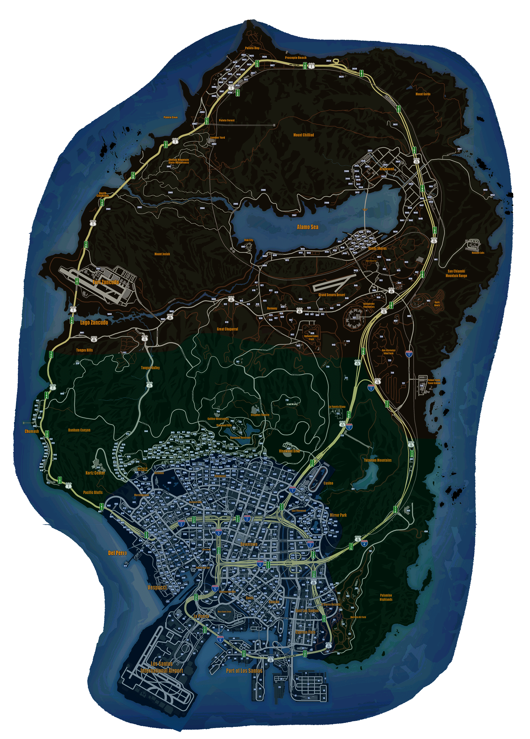 Map of San Andreas with the three jurisdiction regions colour-coded blue, green, and orange