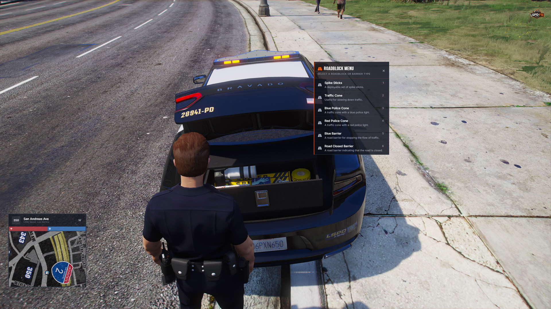 Roadblock Menu open at a patrol vehicle trunk, listing six equipment types with number shortcuts