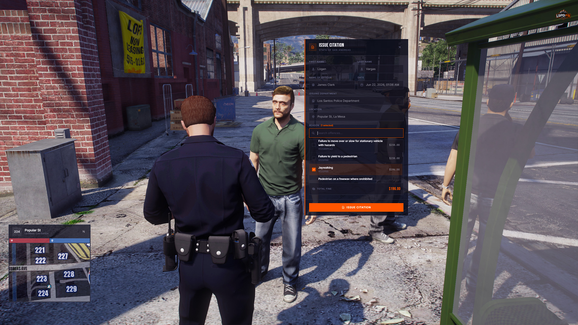 Citation form showing incident details, a searchable offence list, and selected fines