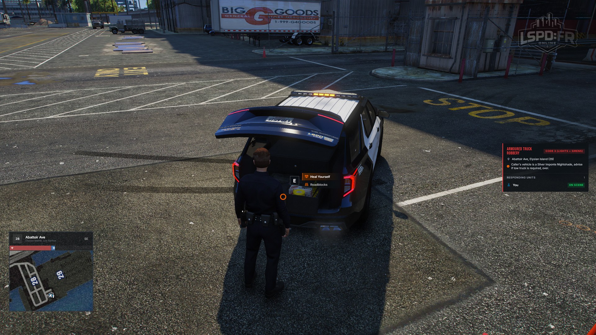 The Heal Yourself option in the patrol vehicle trunk