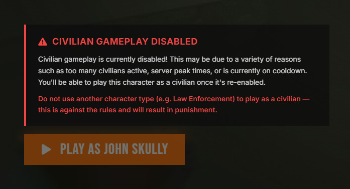 A civilian character marked as unavailable while civilian gameplay is disabled