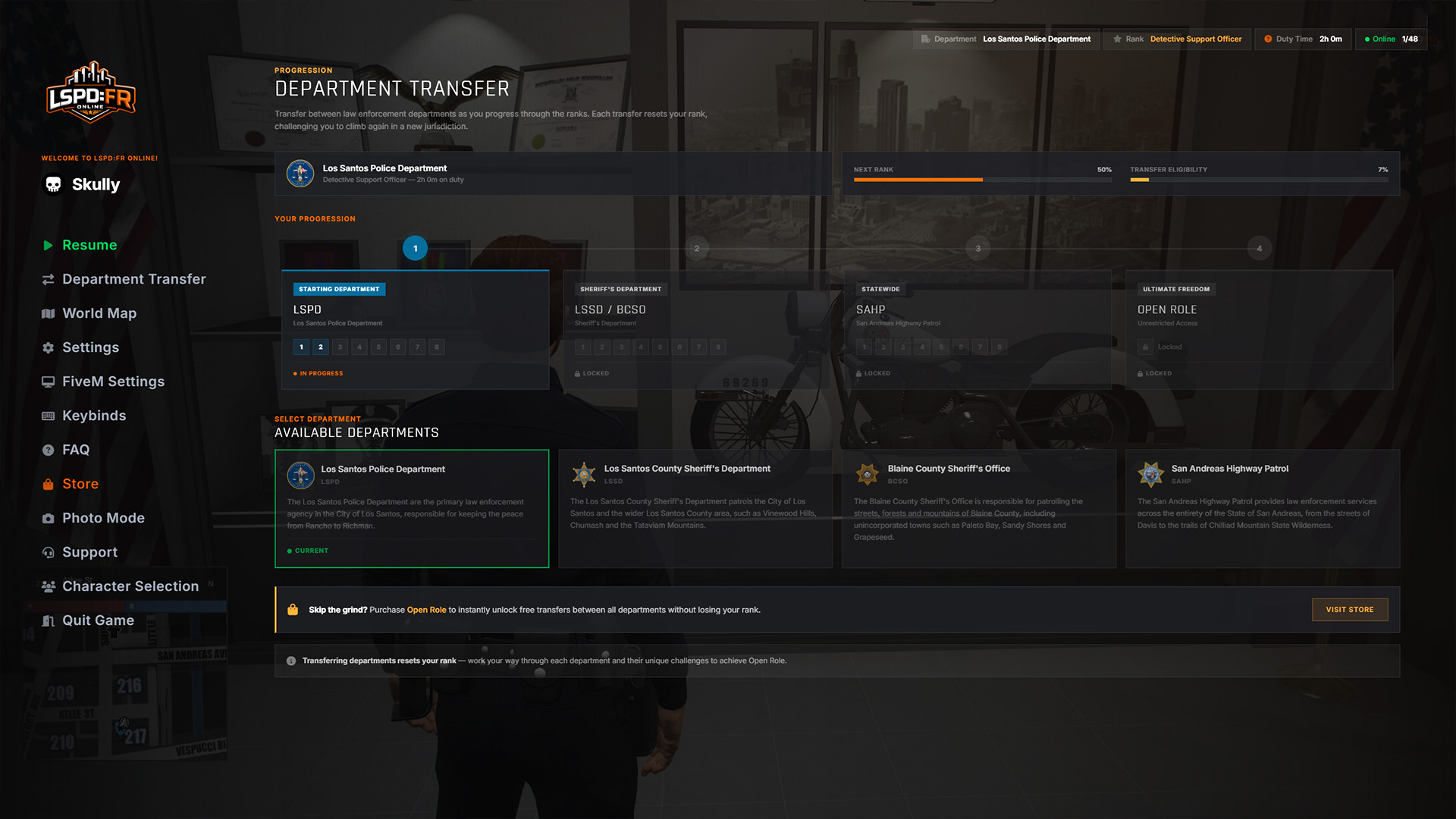 The Department Transfers page in the pause menu